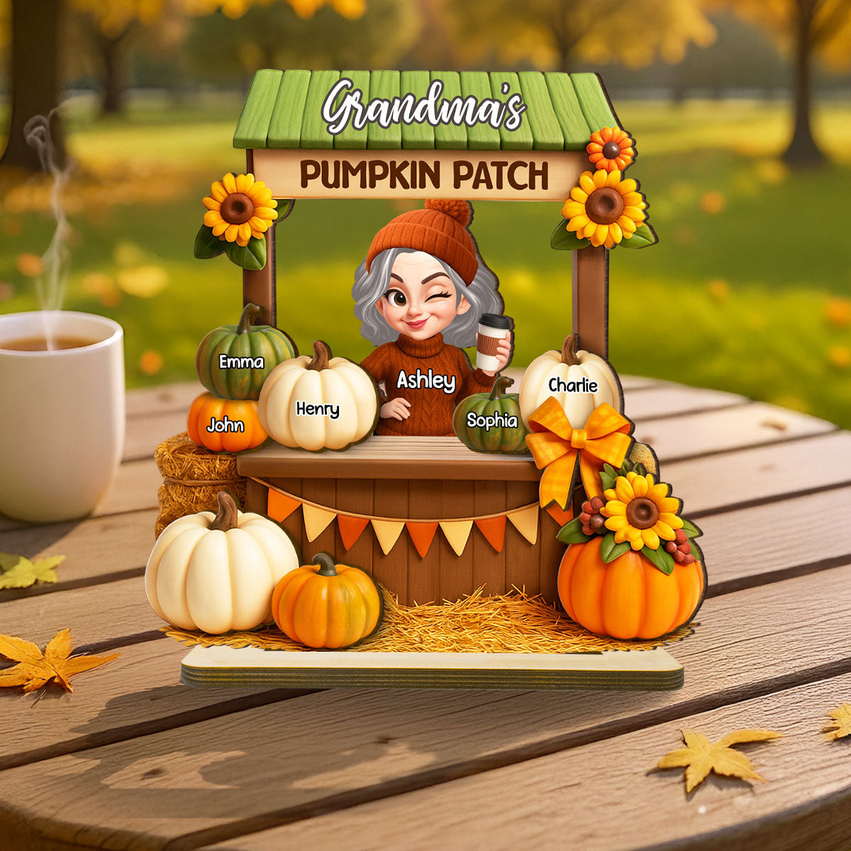 Grandma Mom Fall Season Pumpkin Stand 3D Effect Personalized Wooden Plaque