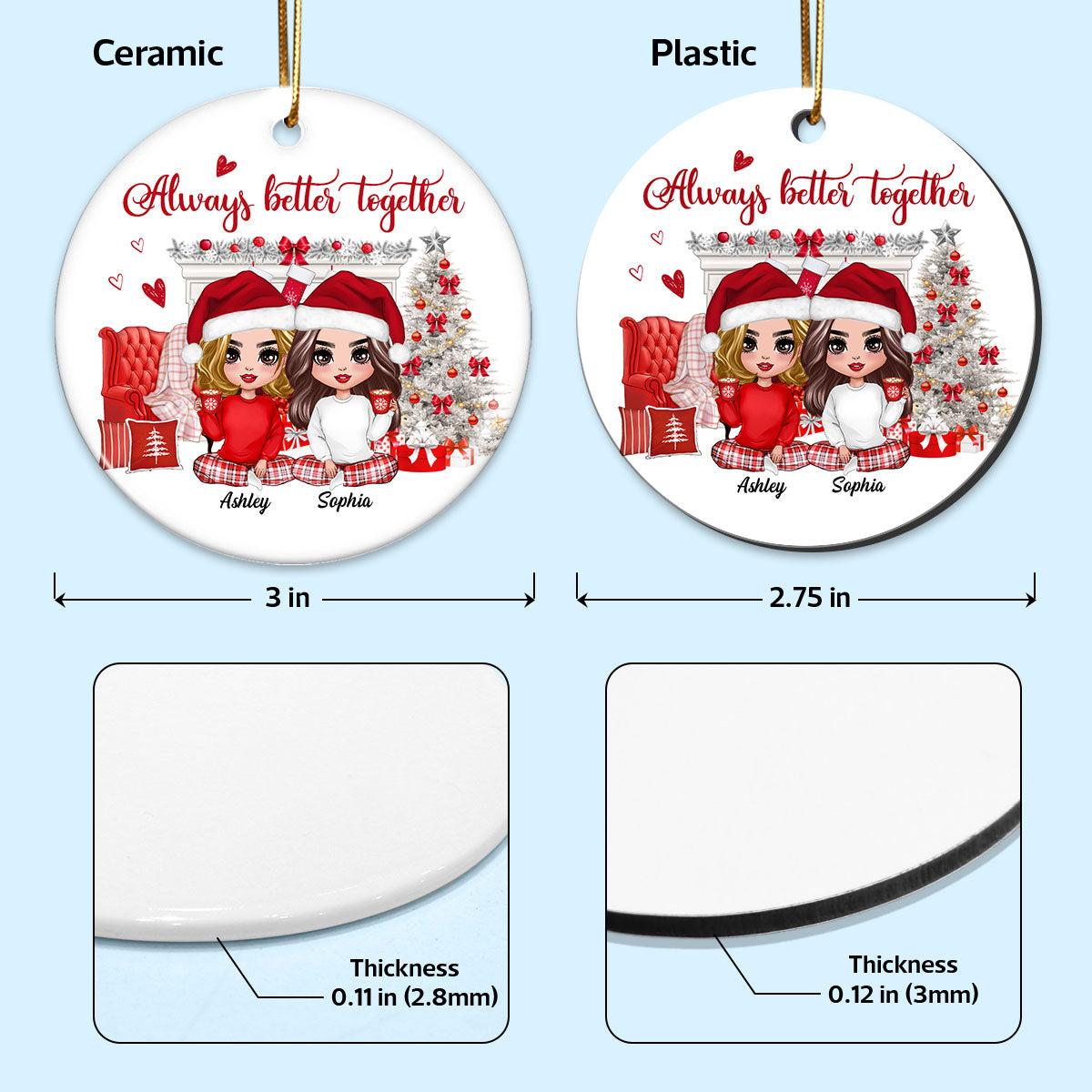White Christmas Pajamas Doll Besties Sisters Sitting Personalized Circle Ornament