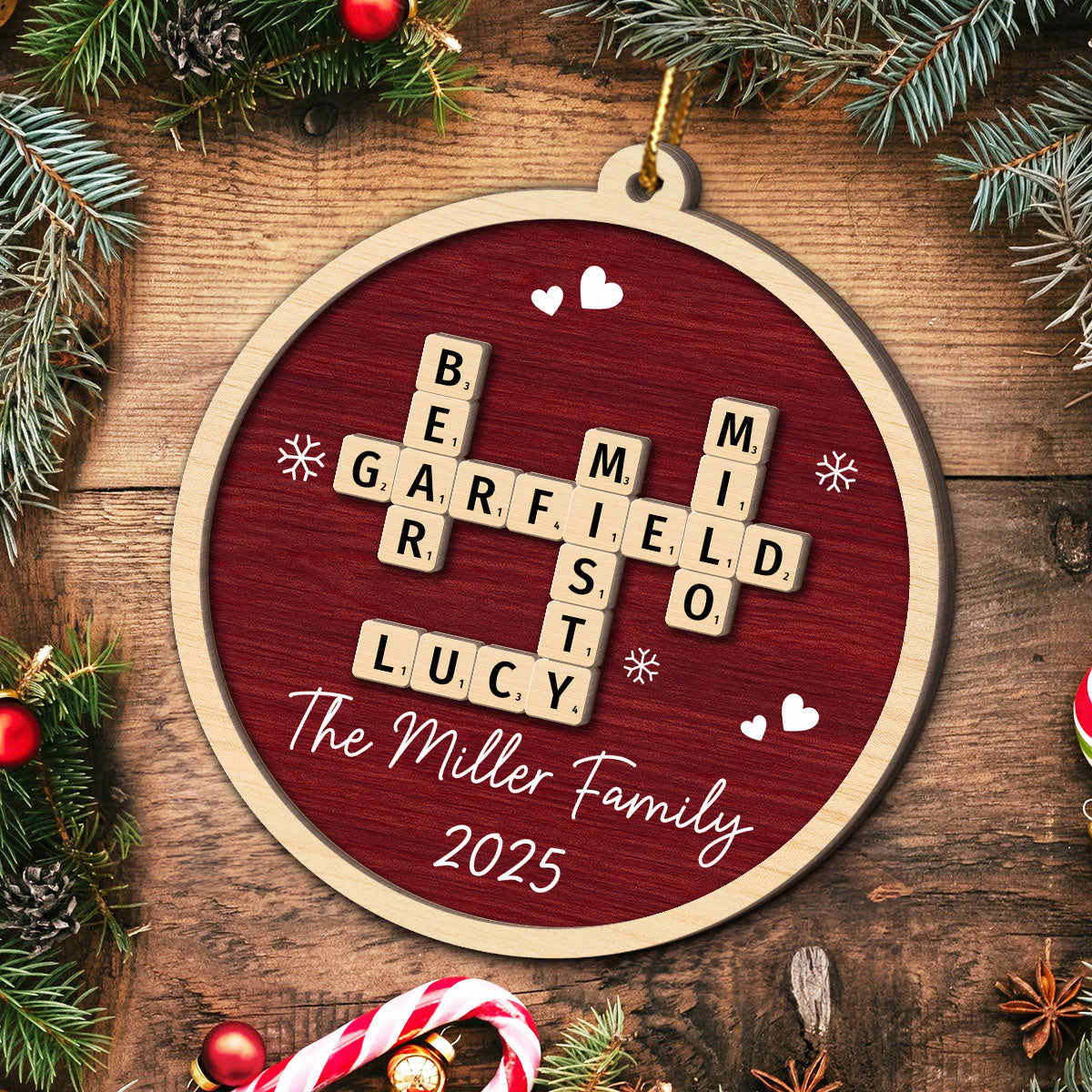 Family Name Crossword Puzzle Art - Personalized 2-Layer Wooden Ornament