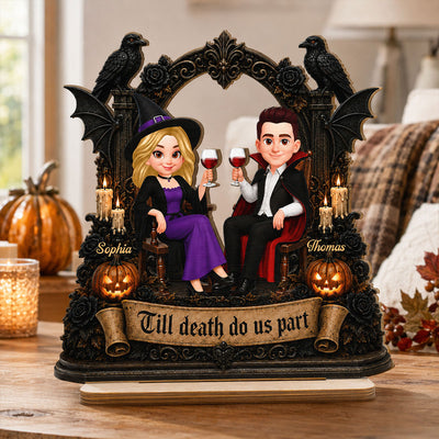 Till Death Do Us Part Halloween Couple Sitting 2D Flat - Personalized 2-Layered Wooden Plaque - Halloween Decor For Couple