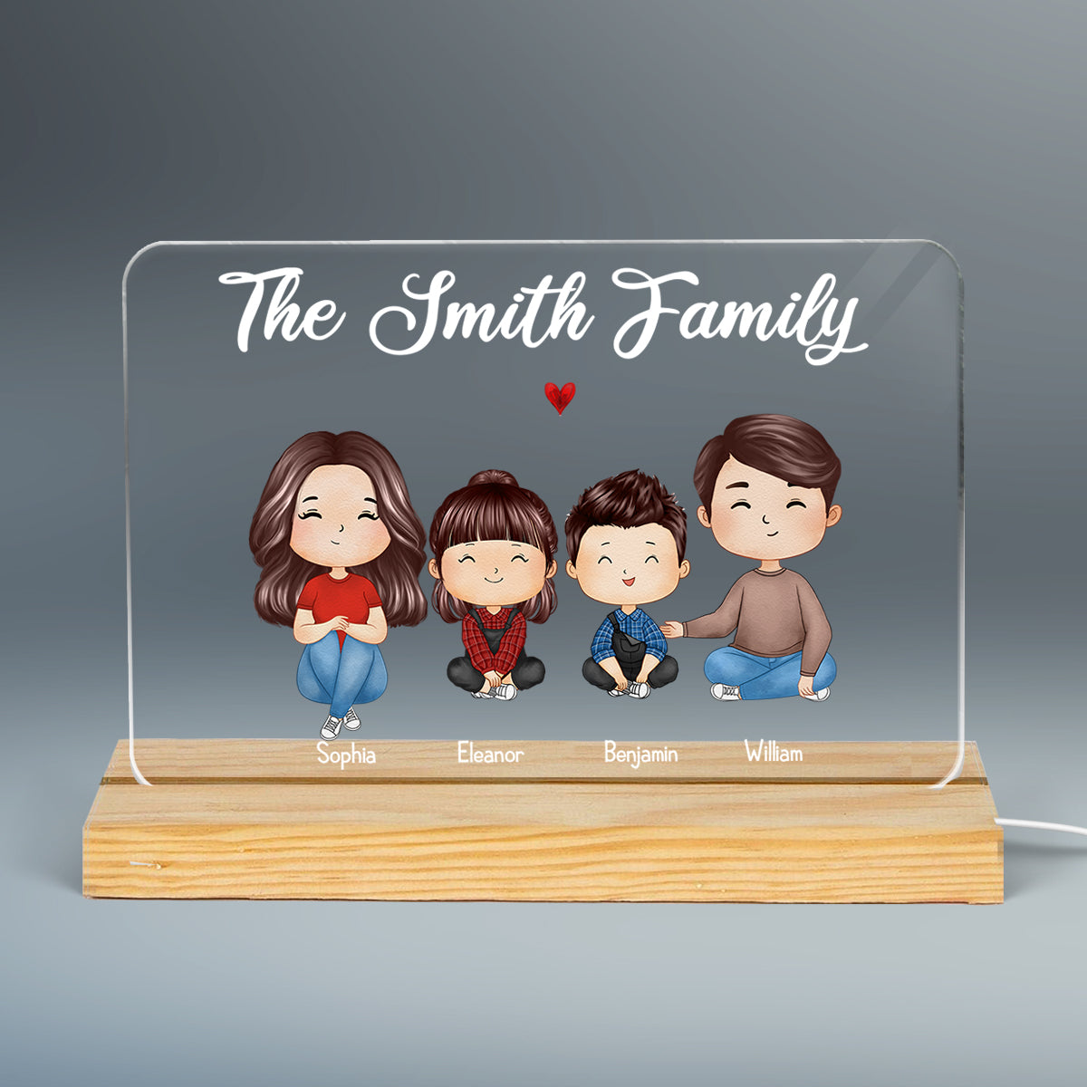 Whole Family Couple Dad Mom Kids Dogs Cats Watercolor Styles Sitting Personalized Custom Shape Acrylic Plaque LED Night Light