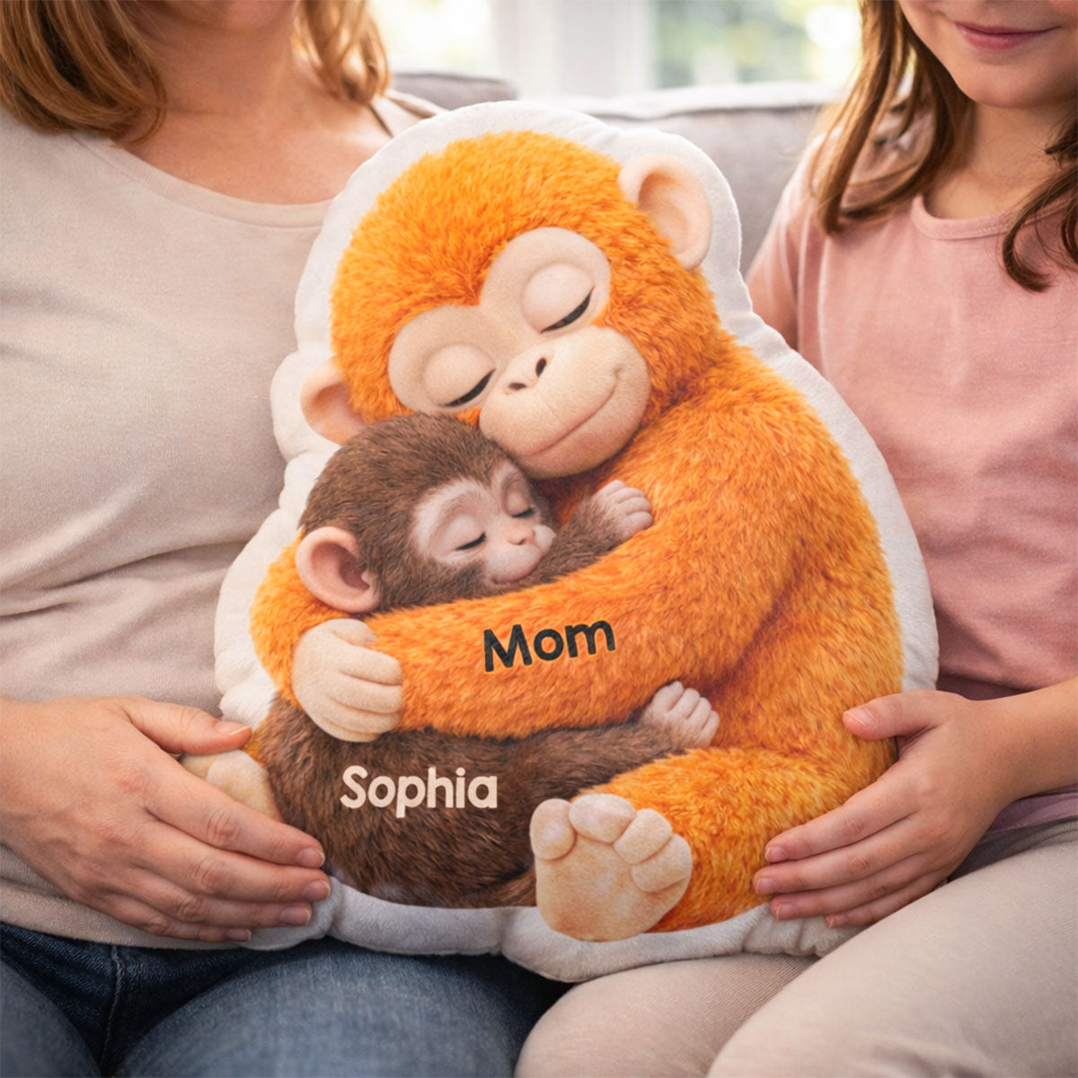 Mother Monkey & Children, Baby Monkey Punch - Personalized Faux Fur Custom Shaped Pillow - Heartfelt Mother's Day Gift for Mom, Wife