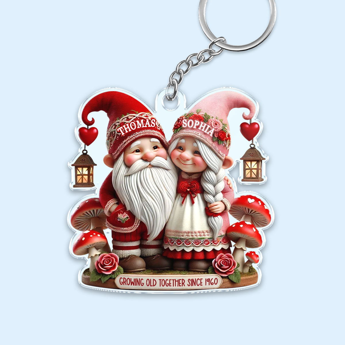 3D Effect Valentine's Gnome Couple Personalized Acrylic Keychain,  Gift For Him, For Her, Husband, Wife
