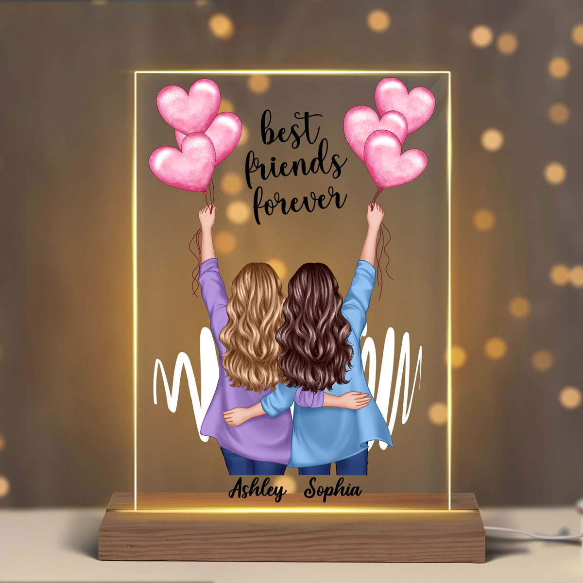 Back View Blazer Besties Holding Balloons Personalized Rectangle Acrylic Plaque LED Night Light