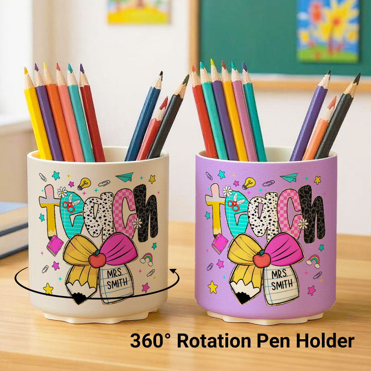 Preppy Teacher Pencil Coquette Bow Doodle Personalized Rotating Pen Holder, Custom Teacher Name, Back to School Gift