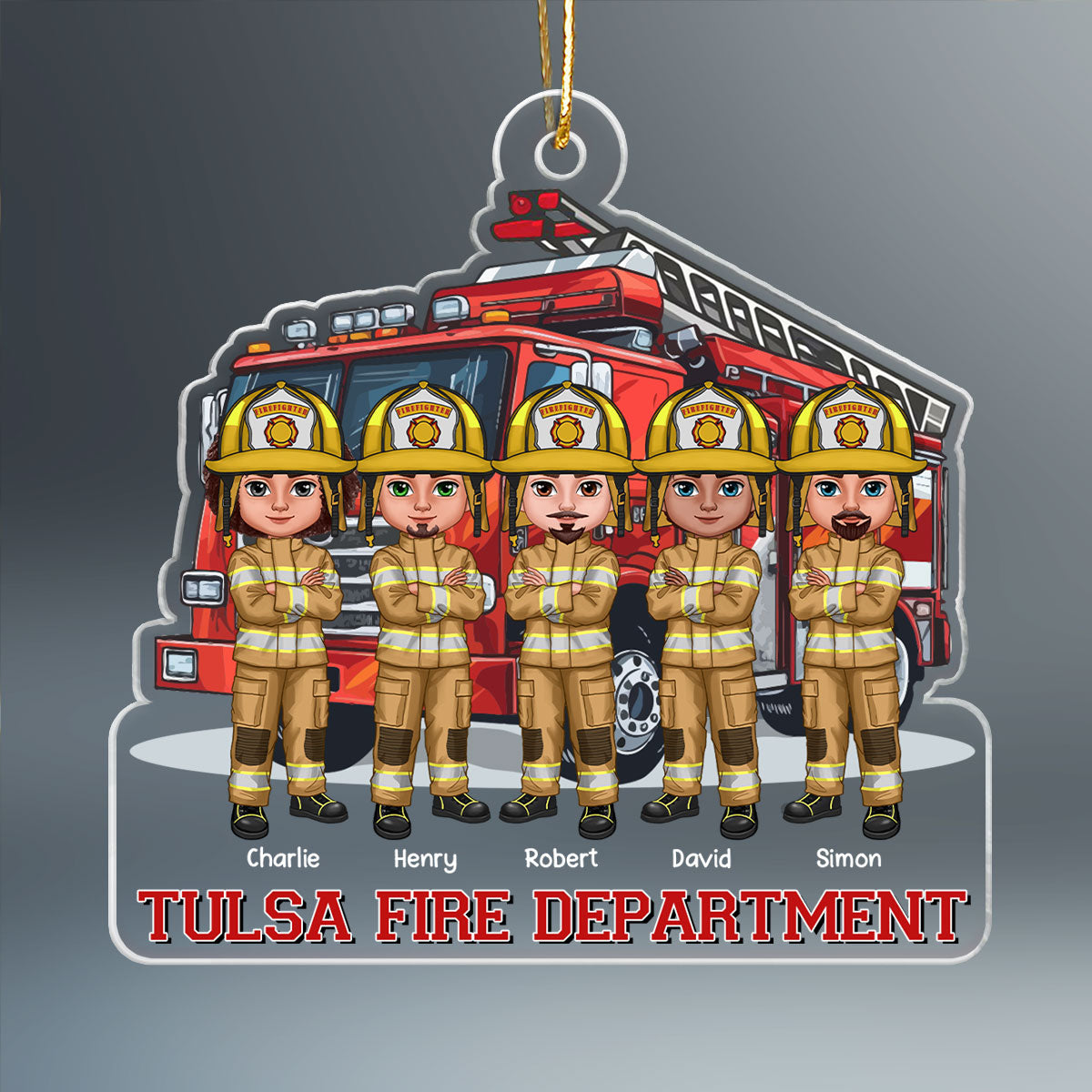 Firefighter Group Squad In Front Of Fire Truck Personalized Acrylic Ornament