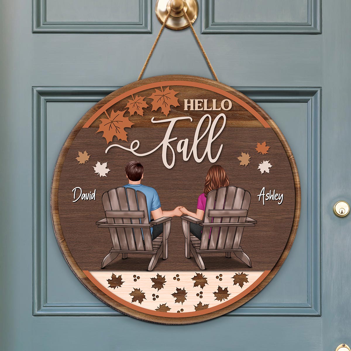 Hello Fall Couple Sitting Personalized Wood Sign, Fall Season Decor, Gift For Him Her