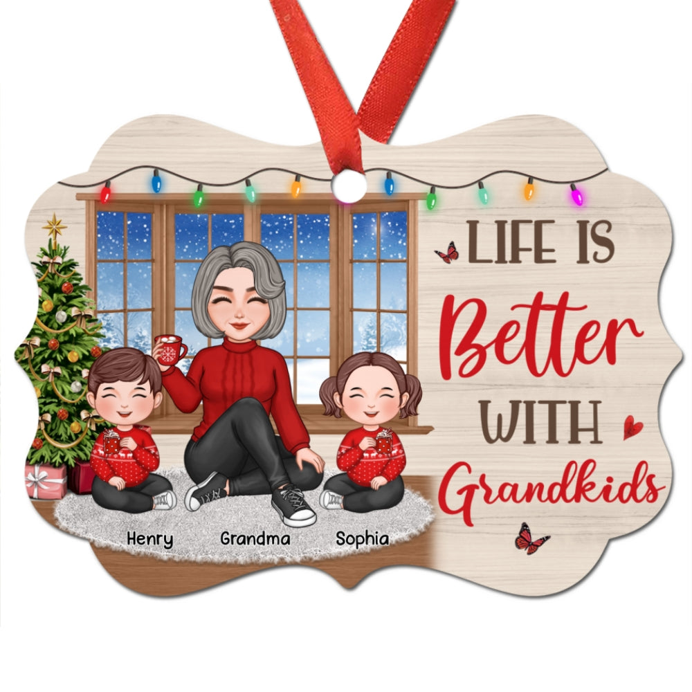 Cute Grandma Grandkids Sitting By Window Personalized Christmas Aluminum Ornament