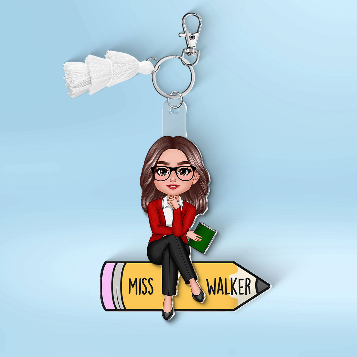 Teacher Sitting On Pencil Personalized 2-Layer Acrylic Keychain