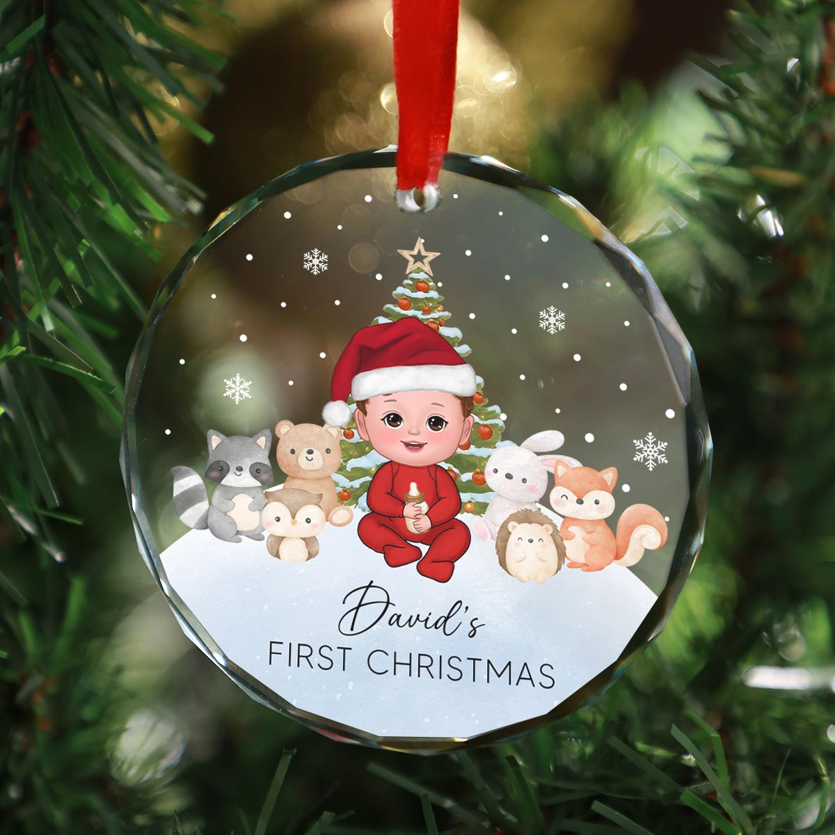 Woodland Animal Baby's First Christmas Personalized Glass Ornament