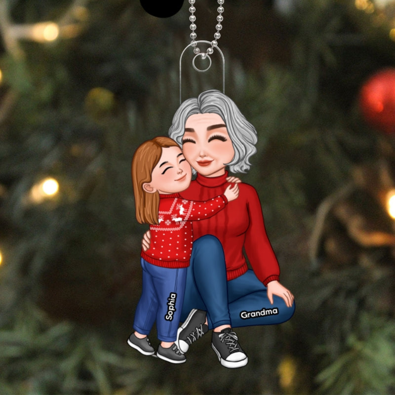 Grandma & Grandkid Hugging Sitting Acrylic Ornament - Personalized Gift For Grandma