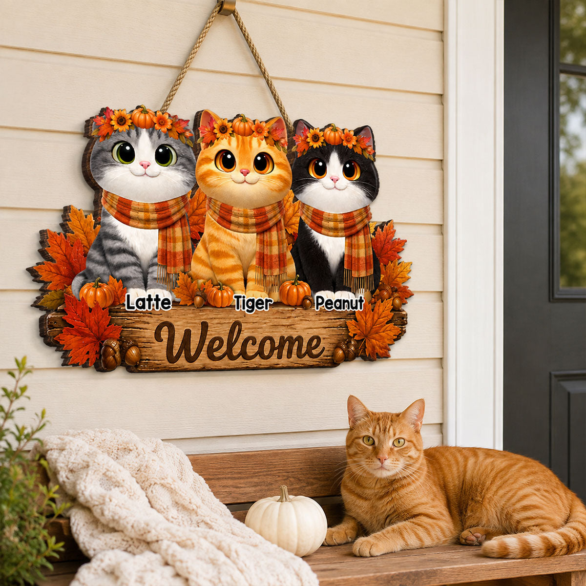 Fall Cats Welcome Door Sign - Personalized Door Sign - Fall Season Decor Gift, Gift For Cat Lovers