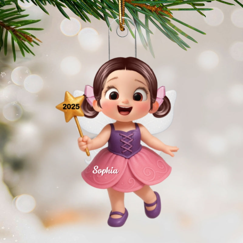 3D Effect Cute Cartoon Fairy Kid Christmas Personalized Acrylic Ornament, Beautiful Gift For Grandkids