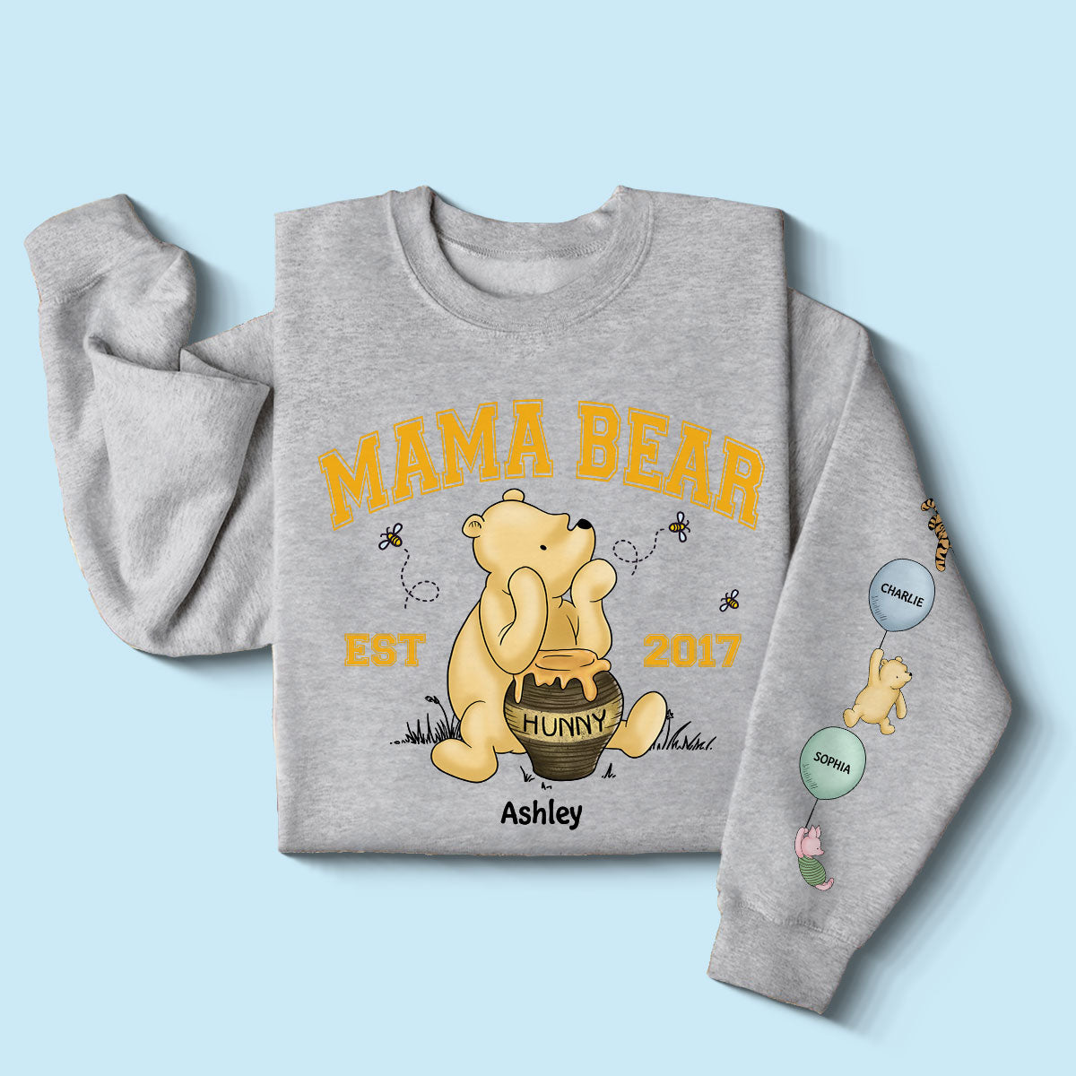 Mama Bear Est. Cute Characters With Balloon Personalized Sleeve Printed Sweatshirt