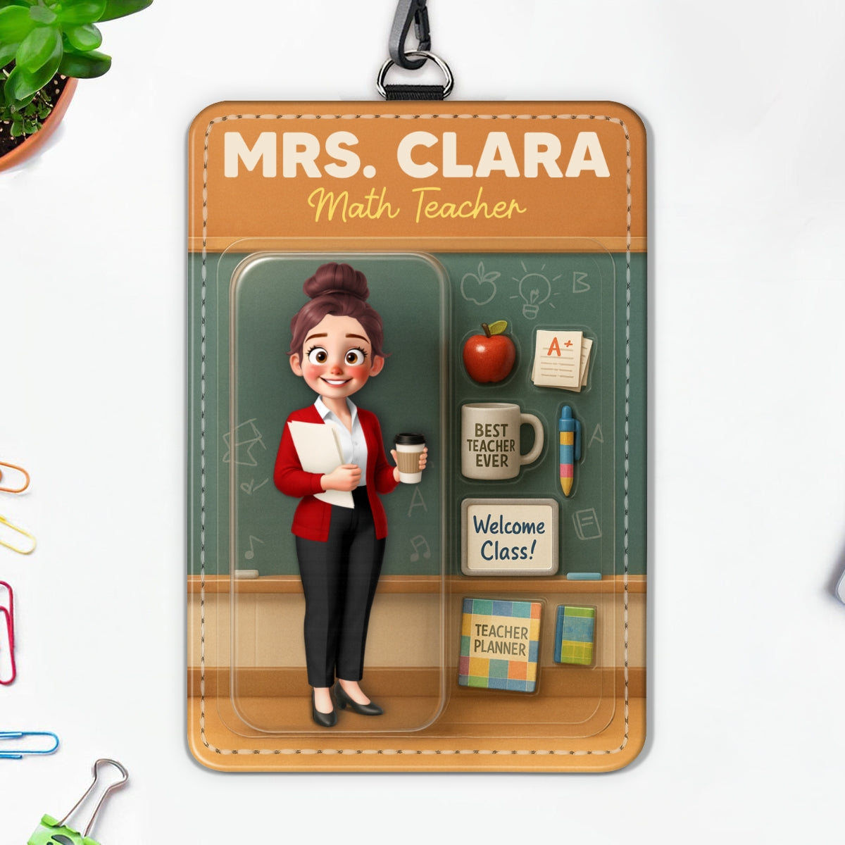 3D Effect Teacher Figure Style Personalized ID Badge Holder, Back To School Gift For Teacher Colleagues