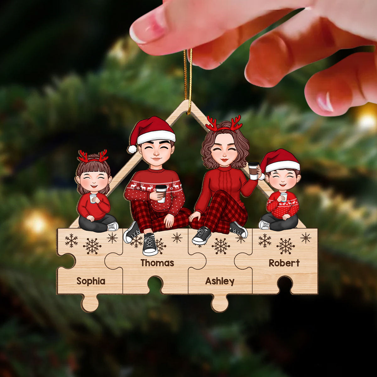Cute Family Sitting On Puzzle Pieces Christmas Gifts Personalized Wooden Ornament