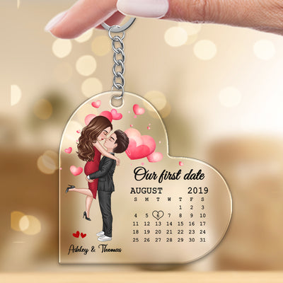 Doll Couple Hugging Kissing Calendar Anniversary Date Personalized Heart Shaped Acrylic Keychain - Gift For Him, Gift For Her