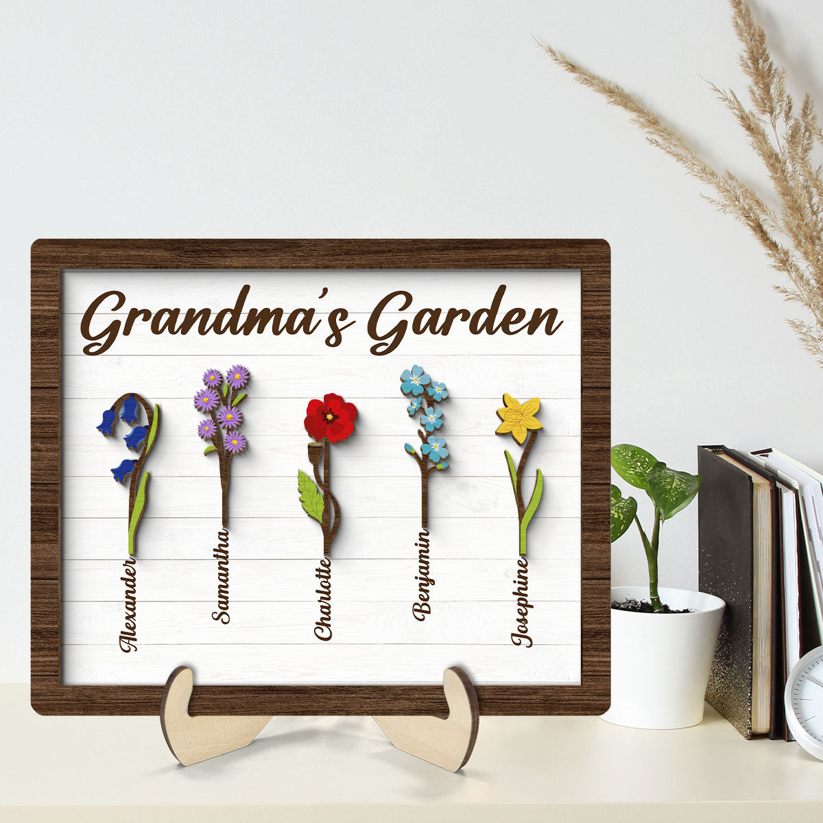 Grandma Mom Birth Month Flowers Simple Personalized 2-layer Wooden Plaque