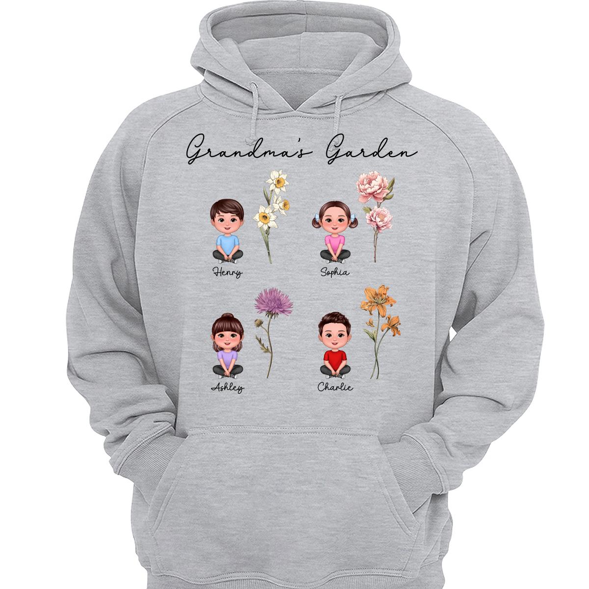 Grandkids Sitting Crossed Leg Grandma Garden Vintage Birth Month Flowers Personalized Shirt