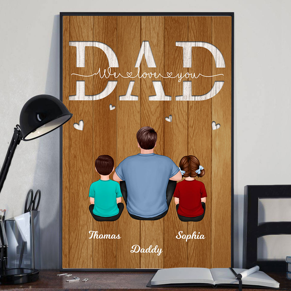 Back View Dad And Kids Dogs Cats Sitting Personalized Poster, Gift For Dad, Husband