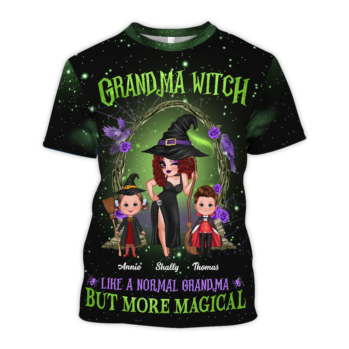 Purple And Green Pretty Grandma Witch & Kids Personalized Shirt, Halloween Costume for Grandma