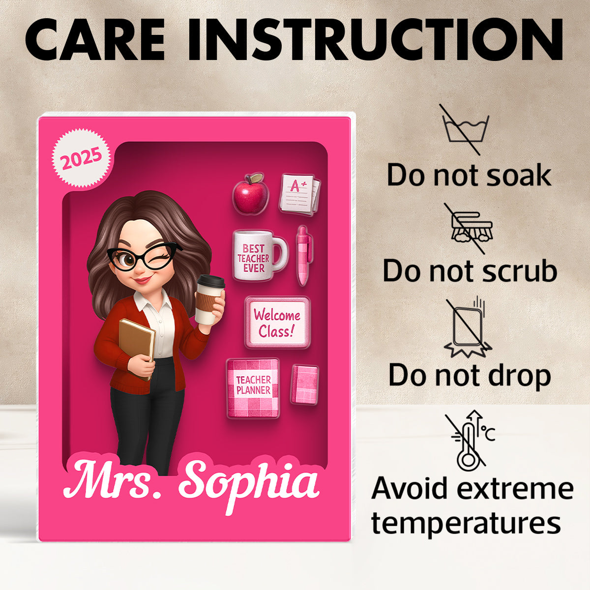 Pretty Teacher 3D Effect Toy Box Action Figure Personalized Acrylic Block, Back To School gift for Teachers
