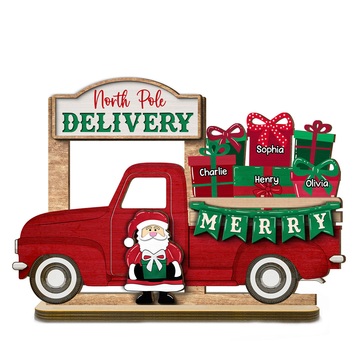 Santa Gifts Christmas Truck Personalized 2-Layer Standing Wooden Plaque, Christmas Decoration, Tiered Tray Decor