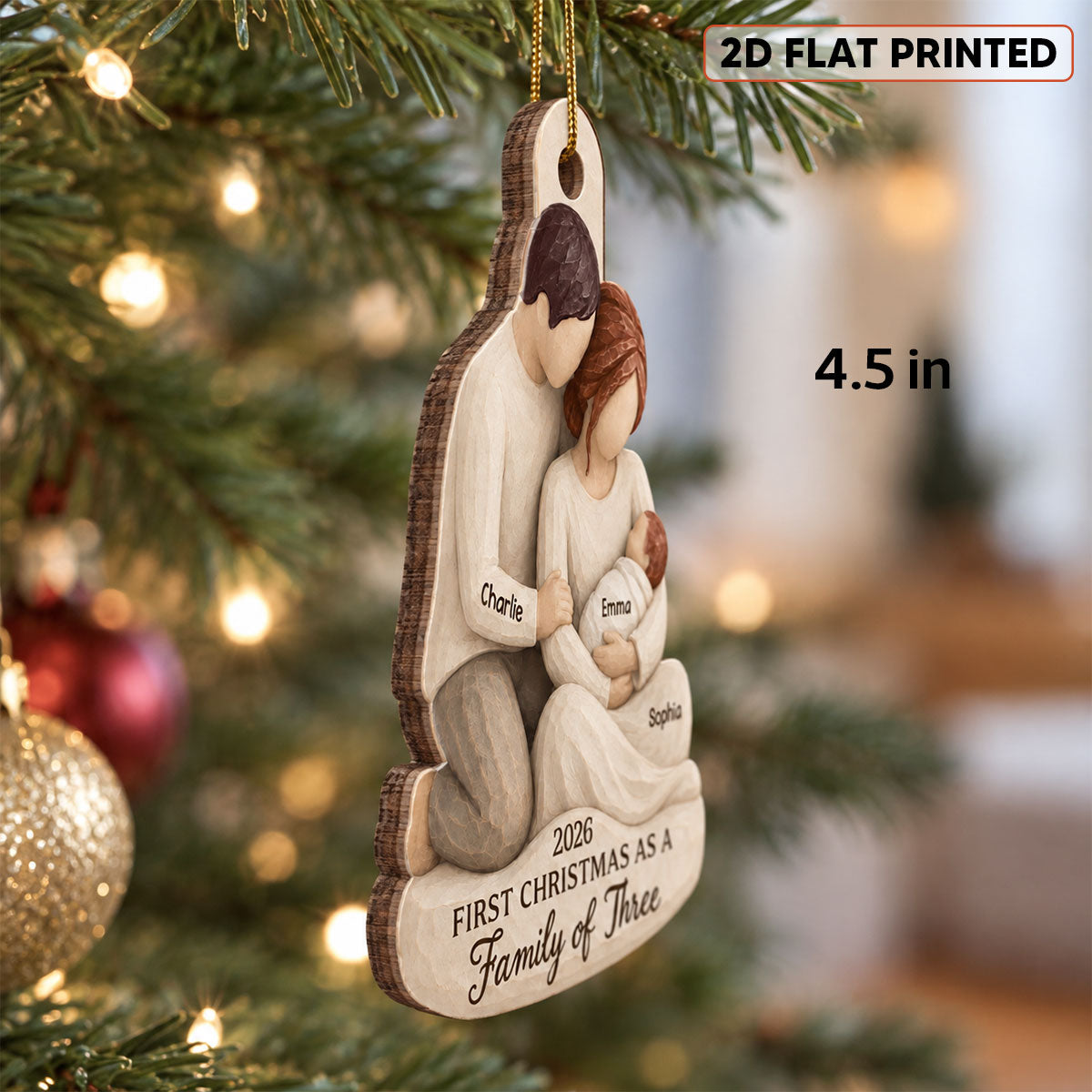 And Then There Were Three 2D Flat Printed - Personalized Wooden Ornament - First Christmas Keepsake For New Parents