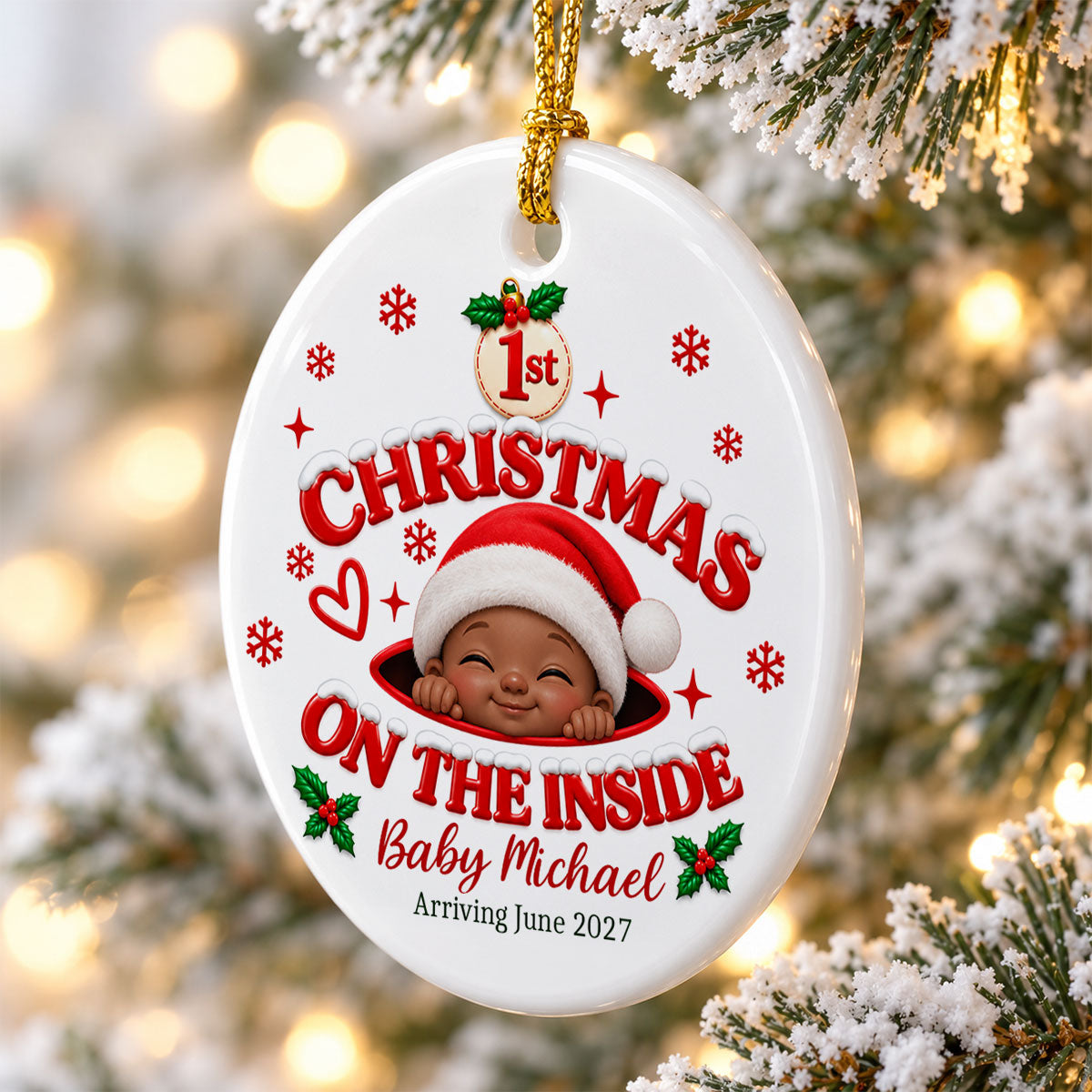 1st Christmas On The Inside Baby - Personalized Ceramic Ornament - Christmas Pregnancy Announcement Gift For Mom To Be, Expecting Mom