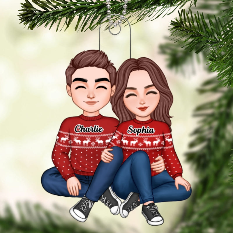 Christmas Cute Couple Sitting Hugging Personalized Acrylic Ornament