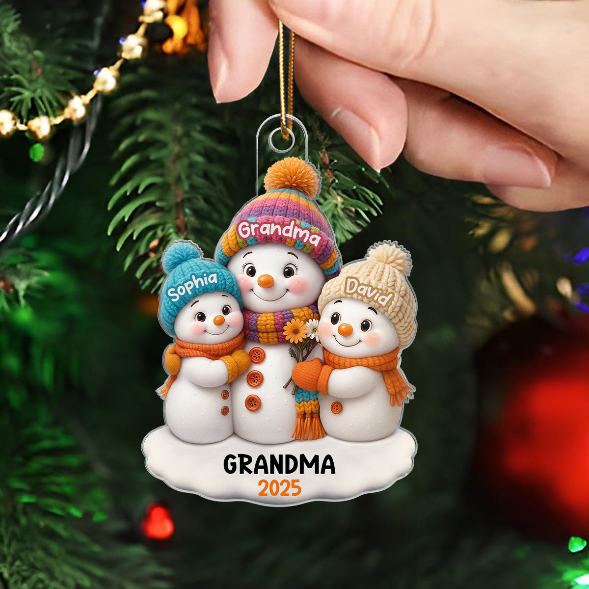 Snowman Grandma and Grandkids Personalized Acrylic Ornament, Christmas Gift for Grandma, Grandkids