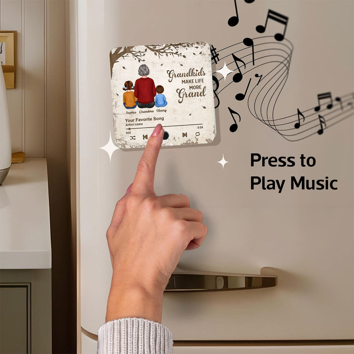 Grandkids Make Life More Grand, Grandma Grandkids Sitting Back View Personalized Music Fridge Magnet, Gift for Grandma