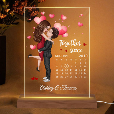 Doll Couple Hugging Kissing Calendar Anniversary Date Personalized Rectangle Acrylic Plaque With LED Night Light - Anniversary Gift For Couple - Gift For Him, Gift For Her
