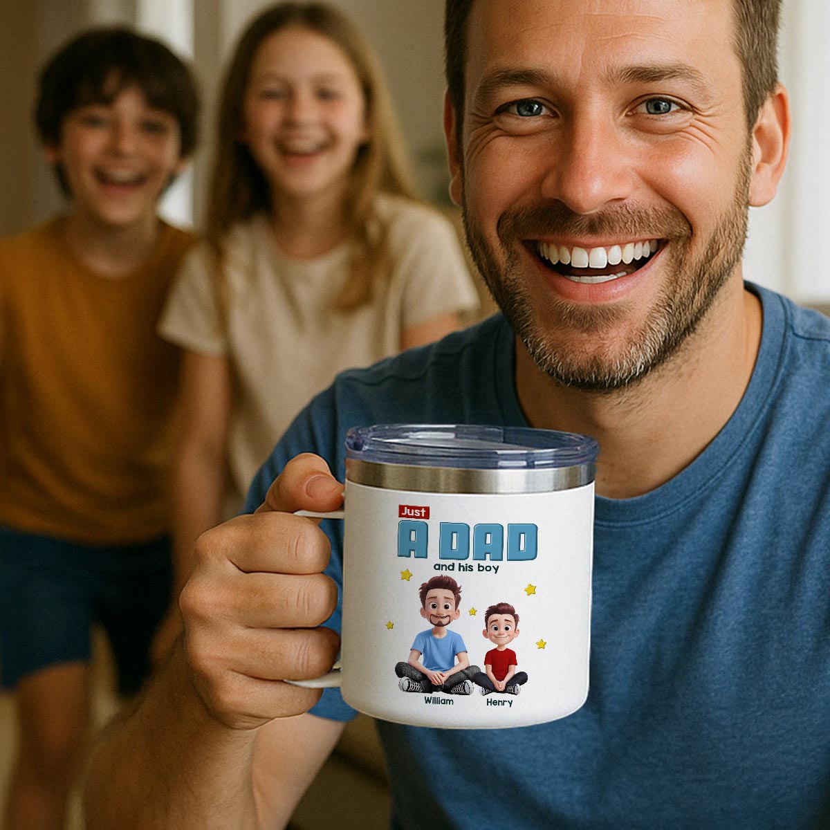 Just A Dad And His Kids Cartoon Funny Style Personalized Stainless Steel Tumbler With Handle, Gift For Dad