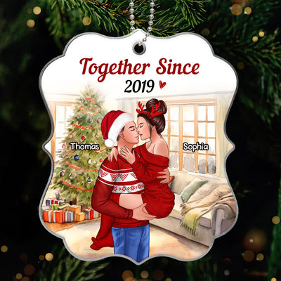 Couple Man Holding Woman Kissing Christmas Personalized Acrylic Ornament