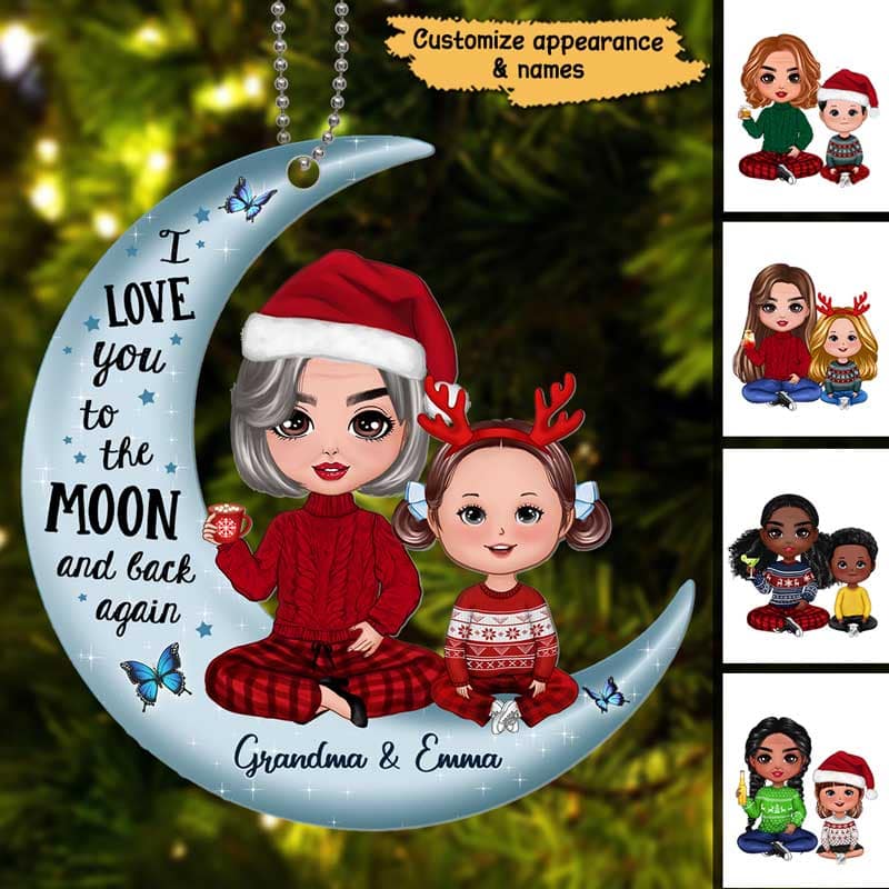 Doll Grandma & Grandkid On Moon - Personalized Ornament - Christmas Gift