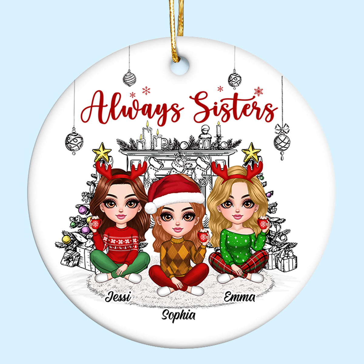 Christmas Outline Background Lovely Besties Personalized Ceramic Ornament