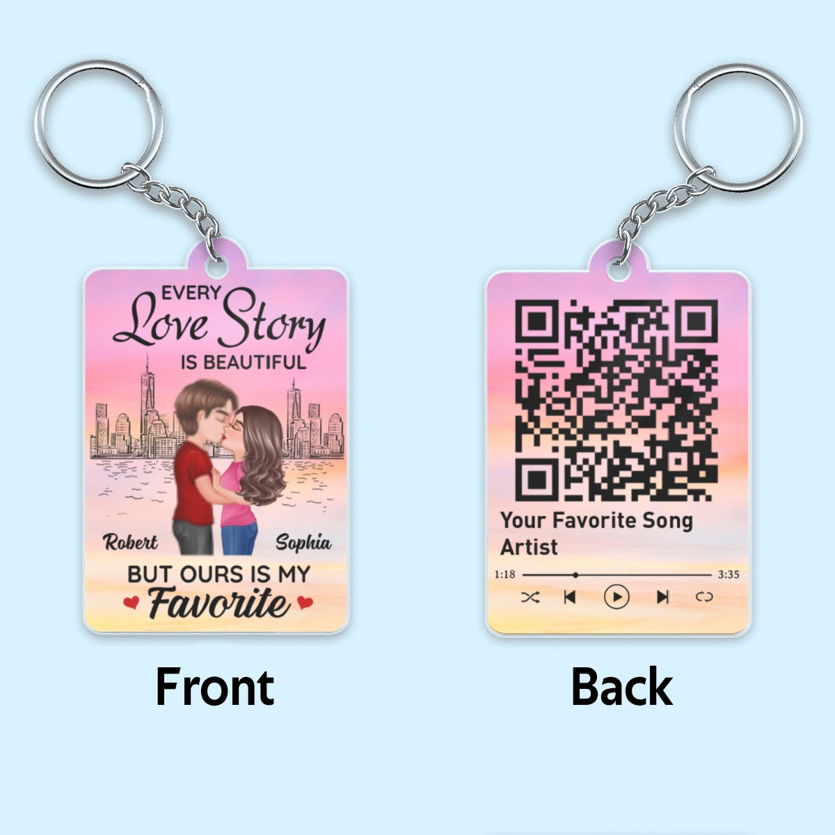 Skyline Doll Couple Kissing Favorite Song Scannable QR Code Personalized Acrylic Keychain