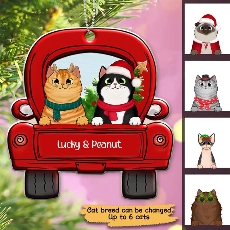 Fluffy Cat On Truck Personalized Wooden Ornament