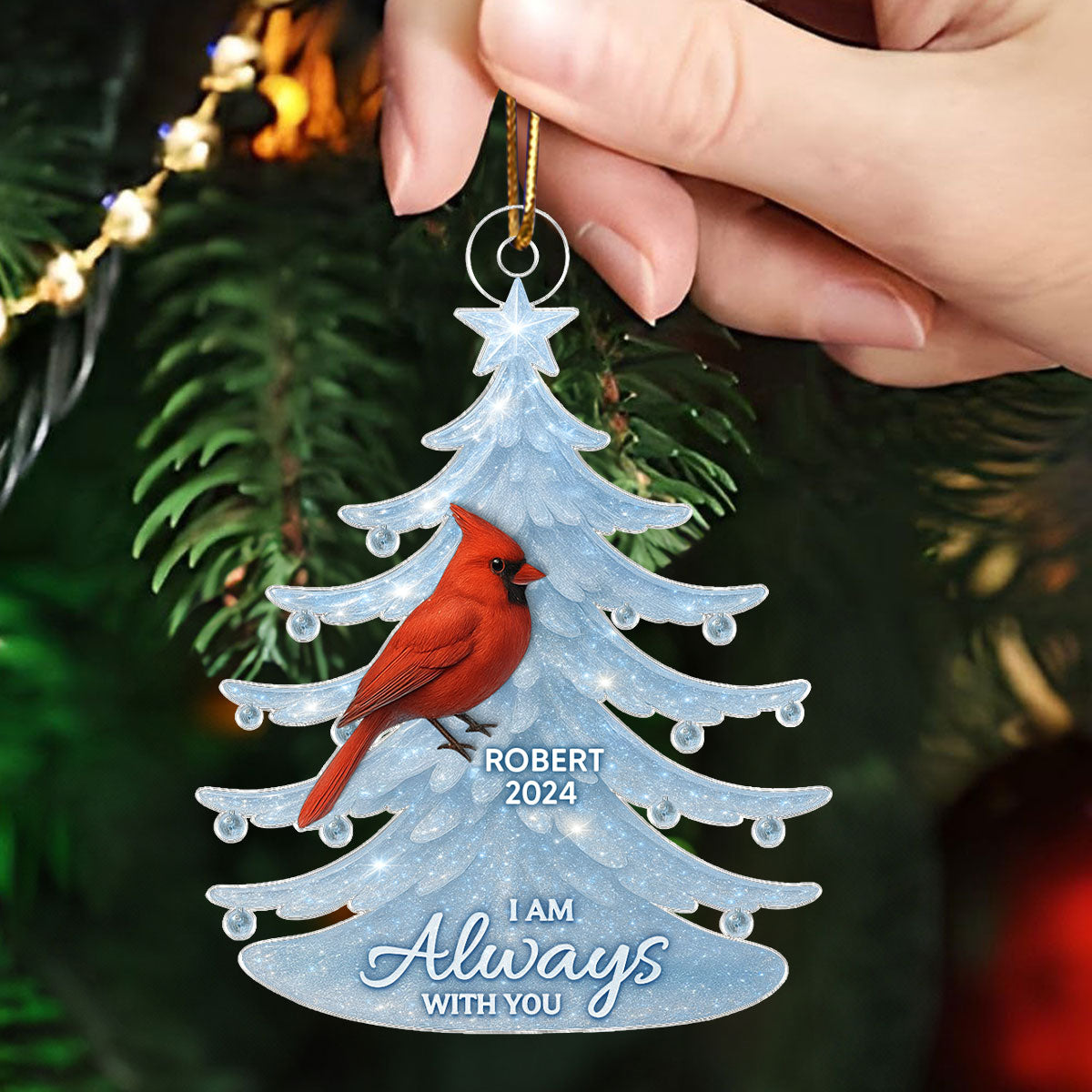 Crystal Christmas Tree Cardinals 3D Effect Personalized Acrylic Ornament, Heartwarming Memorial Sympathy Gift