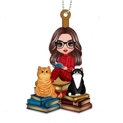 Girl And Cats Sitting On Book Personalized Wooden Ornament