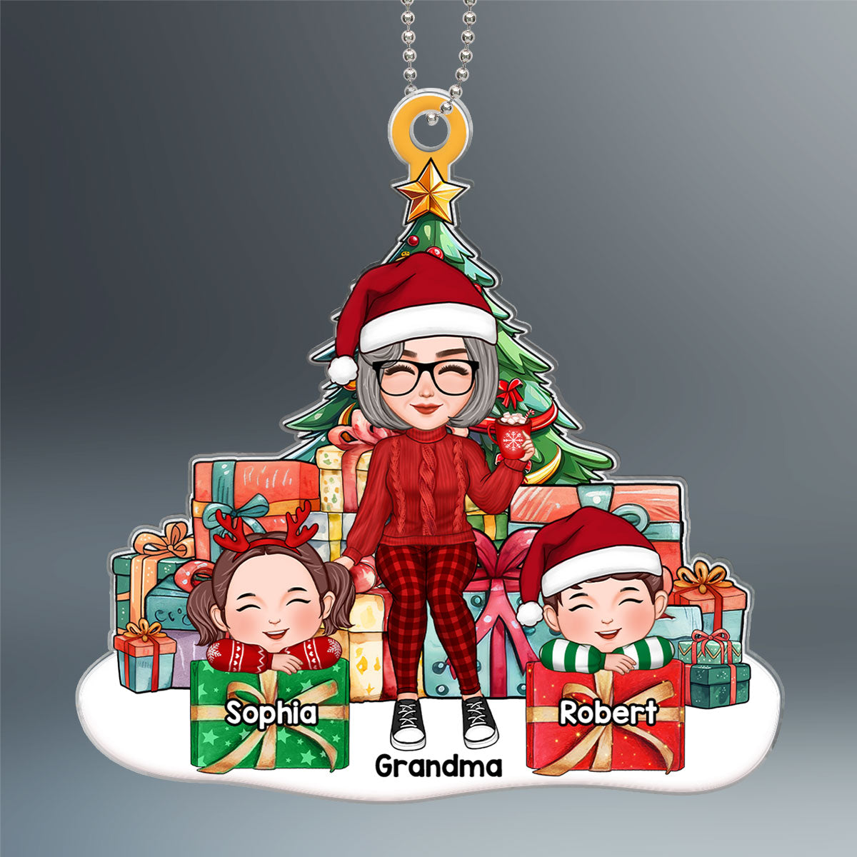 Cute Grandma Grandkids Sitting On Christmas Gift Personalized Acrylic Ornament