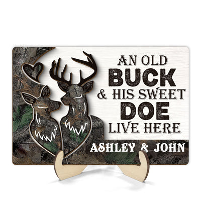 An Old Buck And His Sweet Doe Lives Here Personalized 2-Layer Wooden Plaque