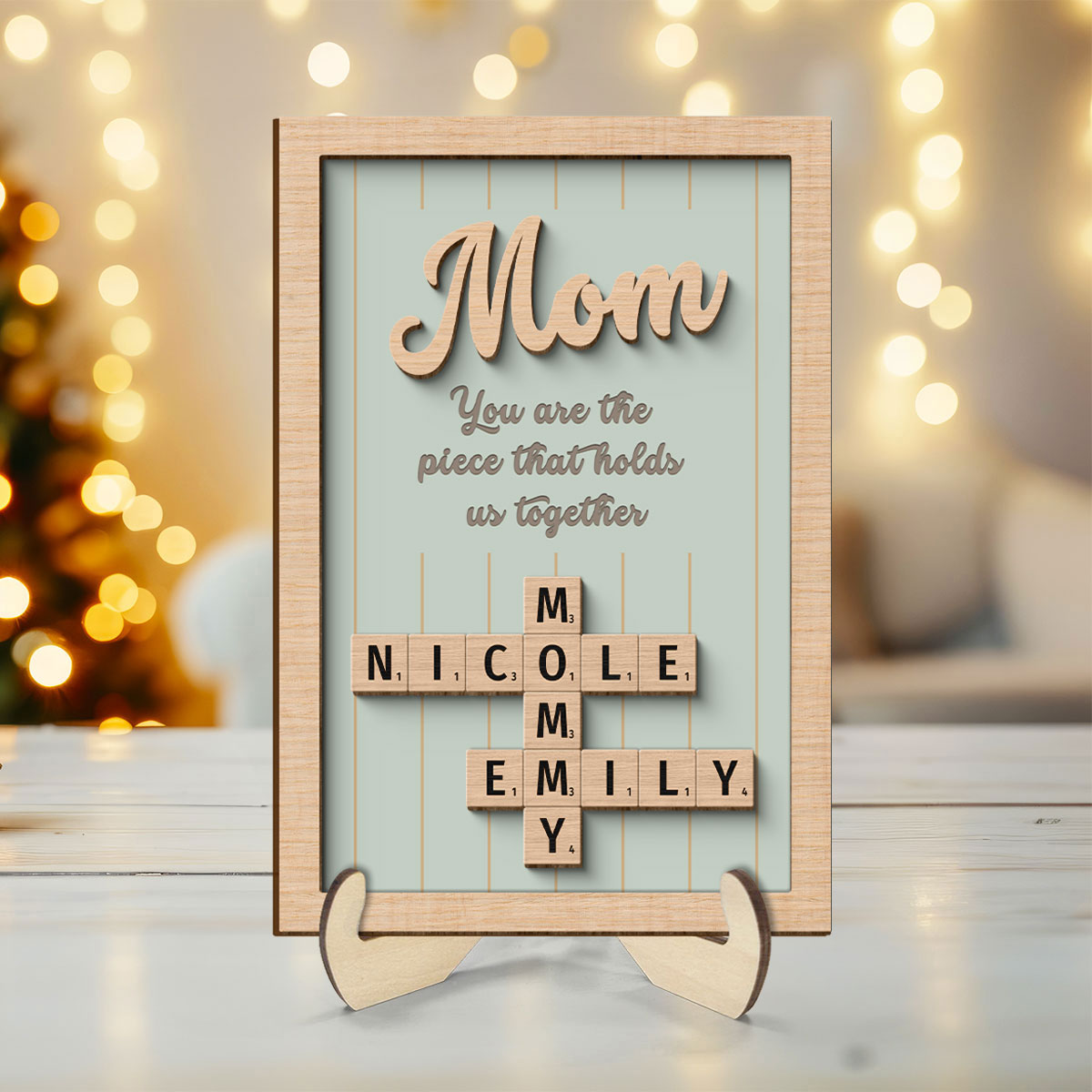 Mom You Are The Piece That Holds Us Together Personalized 2-Layer Wooden Plaque, Crossword Puzzle Art, Gift For Mom