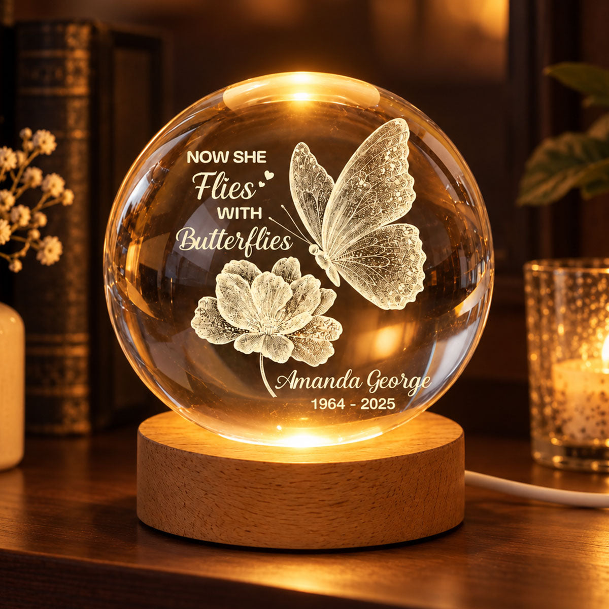 Now She Flies With Butterflies Memorial - Personalized Crystal Ball LED Night Light - Memorial Keepsake Remembrance Gift For Lost Loved Ones