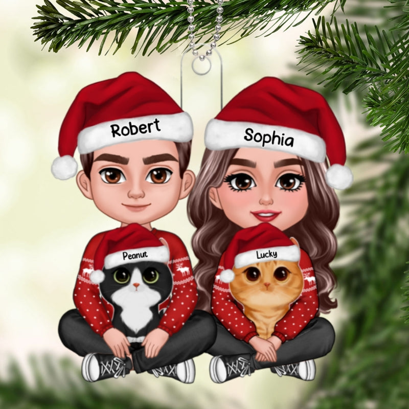Couple Crossed Leg & Cute Watercolor Cats Christmas Gift For Cat Lovers Personalized Acrylic Ornament