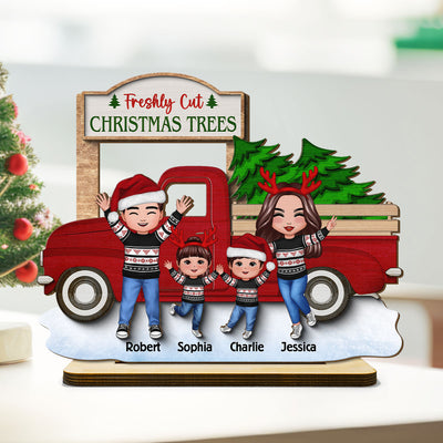 Happy Family With Christmas Truck Personalized 2-Layer Standing Wooden Plaque, Christmas Decoration, Tiered Tray Decor