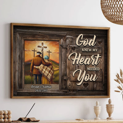 Cross God Knew My Heart Needed You Old Couple Walking Hugging Personalized Poster, Anniversary  Gift For Him, Her, Husband, Wife