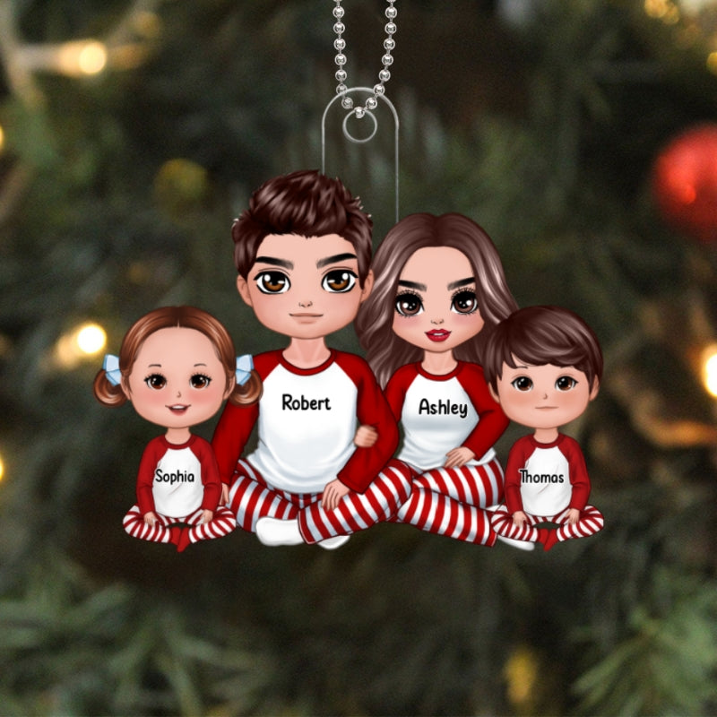 Pajamas Doll Family Couple Dad Mom Kids Sitting Christmas Personalized Acrylic Ornament