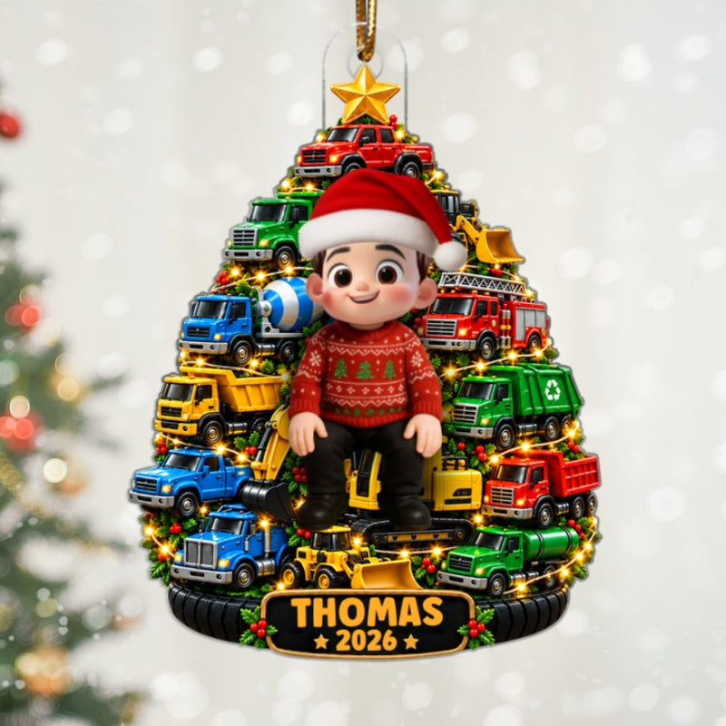 Little Kid With Trucks Christmas Tree - Personalized Acrylic Ornament - Christmas Gift For Kids, Grandkids, Grandson, Granddaughter, Son, Daughter